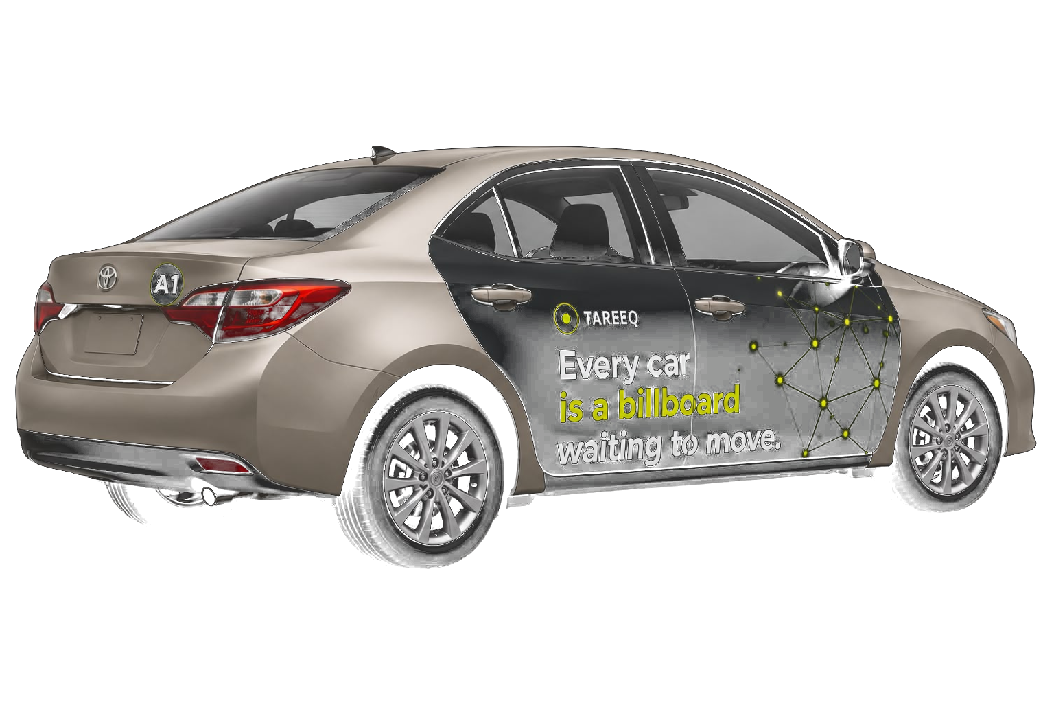 TAREEQ vehicle wrap — rear angle with fleet ID tag