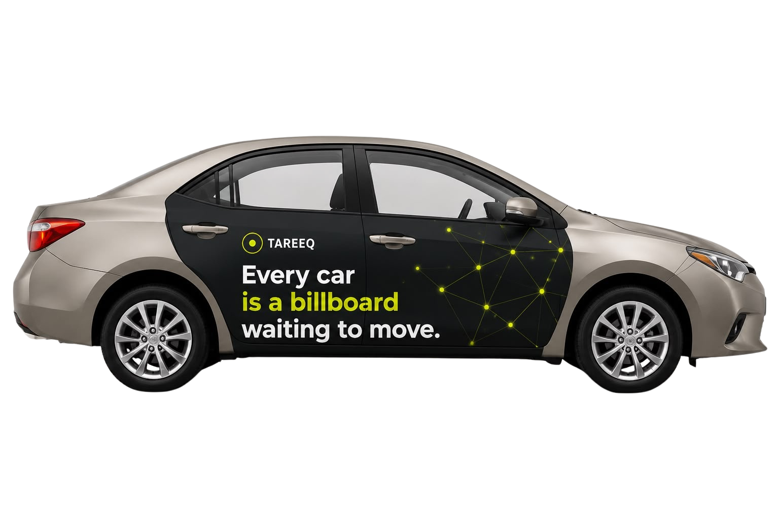 TAREEQ vehicle wrap on a Toyota Corolla — every car is a billboard waiting to move